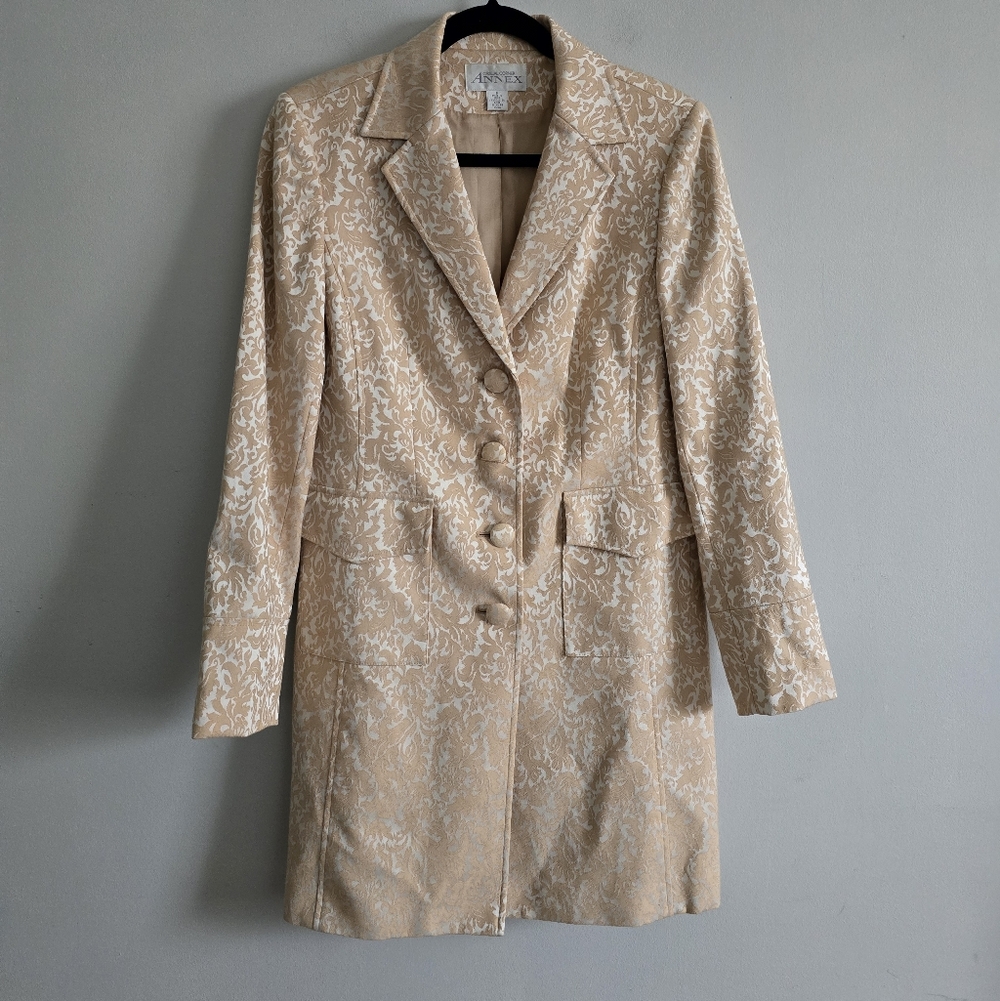Vintage Y2K Casual Corner Gold Cream Brocade Trench Coat 6